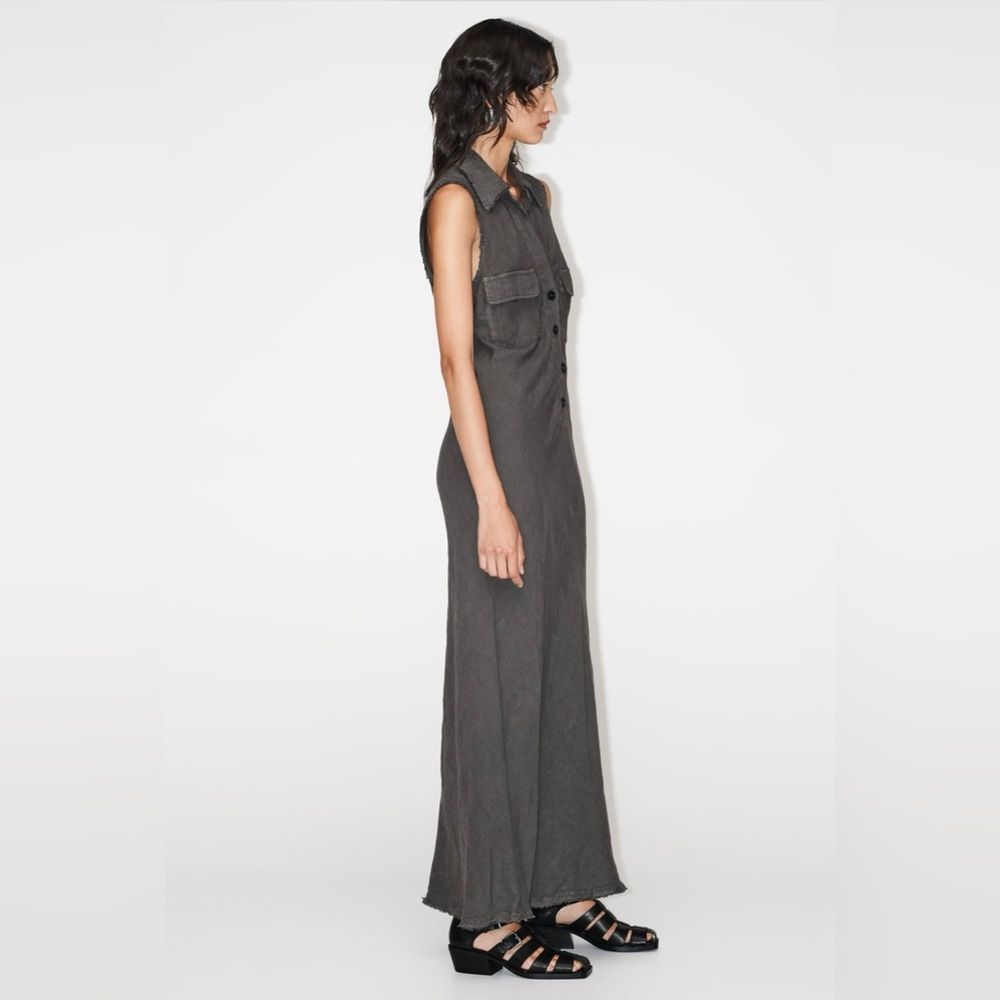 New ZARA LINEN SHIRTDRESS size XS S long Midi 100% linen Sleeveless V-neck dress - Picture 5 of 16